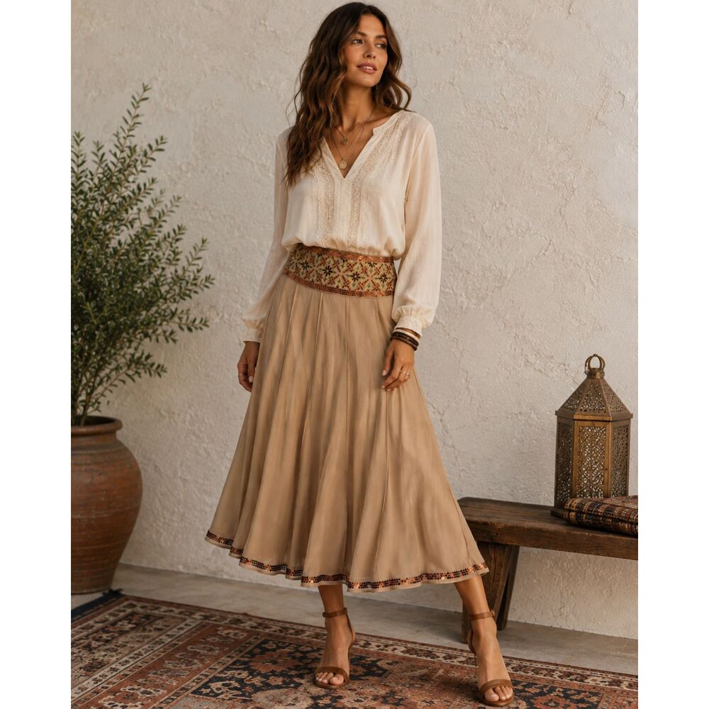 DKNY 100% Silk Skirt 10 Beaded Sequin Embroidery Boho Midi Ethereal Romantic Y2K